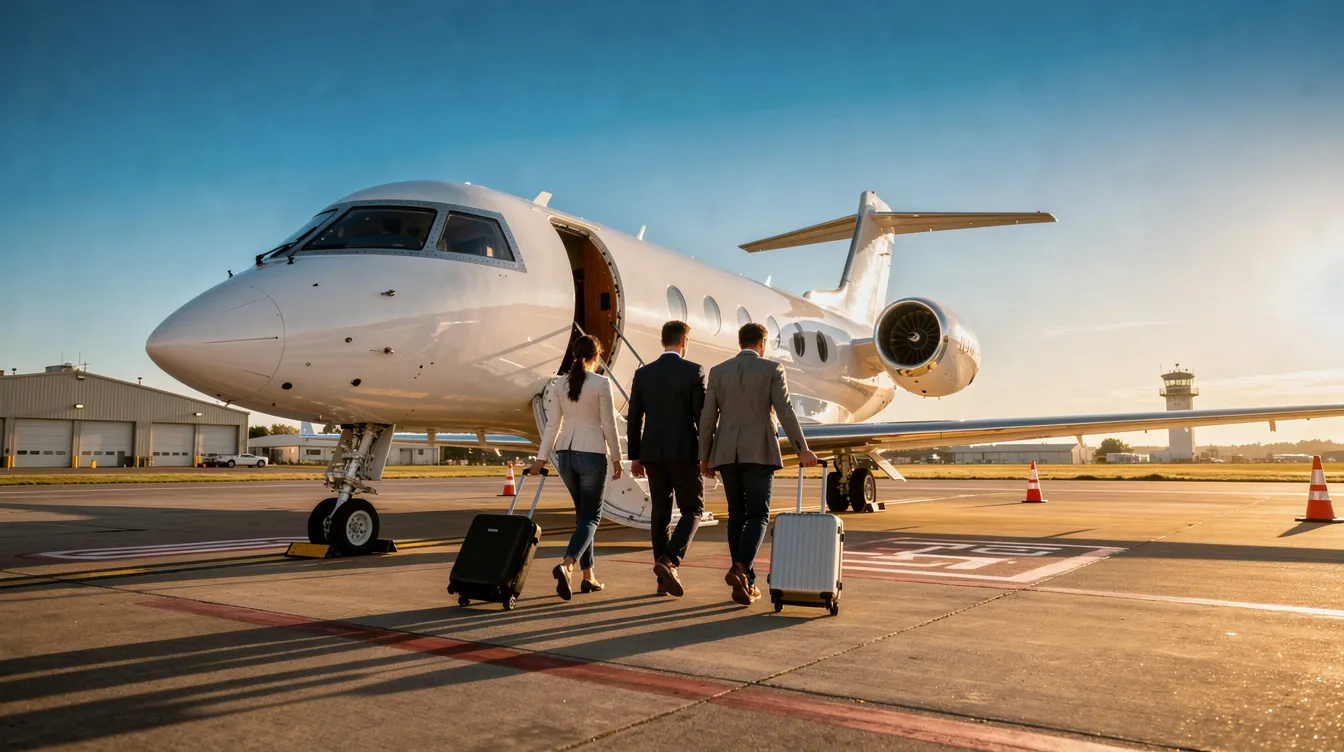 A group of passengers is walking toward a private jet at a small airport on a clear day, suggesting an exclusive travel experience. This scene captures the essence of luxury air travel, possibly for direct flights from Chicago to Key West.