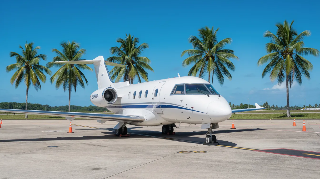 A small commercial aircraft is parked on the tarmac of Key West International Airport, surrounded by palm trees under a clear blue sky, symbolizing the allure of nonstop flights to popular destinations in the Florida Keys. The scene captures the essence of travel to Key West, a vibrant hub for airlines providing direct flights from various cities.