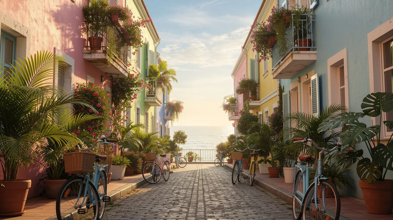 The image depicts a charming narrow street lined with colorful pastel buildings, lush tropical plants, and bicycles parked along the way, capturing the vibrant essence of a warm coastal town like Key West. This picturesque scene invites visitors to explore popular destinations and attractions, making it an ideal setting for travelers seeking direct flights to Key West from various cities.