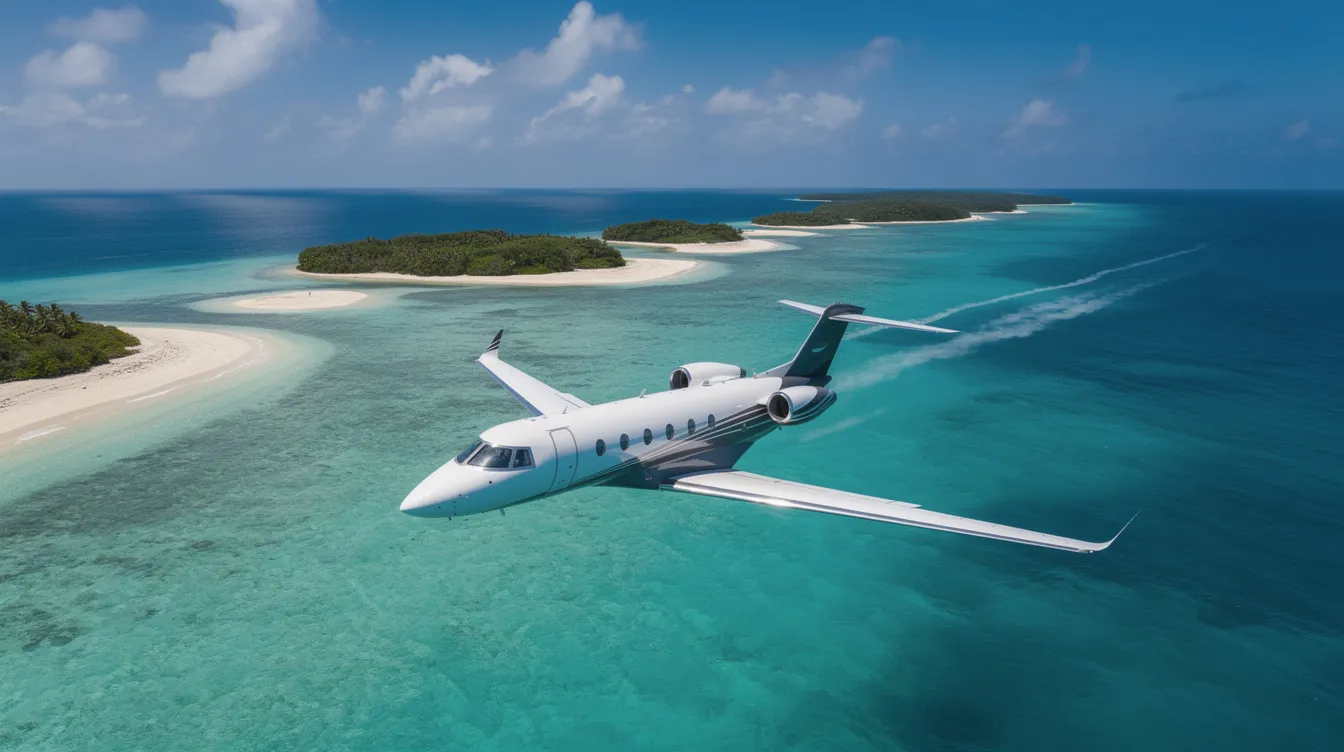 A small private jet soars above the clear turquoise waters of the ocean, surrounded by a chain of lush green islands, evoking the beauty of the Florida Keys. This picturesque scene highlights the allure of direct flights to Key West, a popular destination for travelers seeking an escape to paradise.