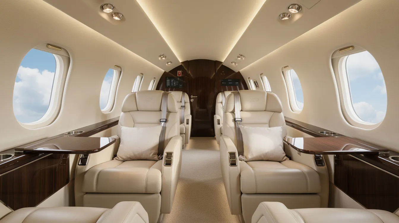 The interior of a luxurious private jet features cream leather seats and elegant wood grain accents, with large windows revealing a bright blue sky outside. This setting offers a comfortable travel experience, ideal for those planning their next trip to Key West or seeking nonstop flights from Los Angeles International Airport.