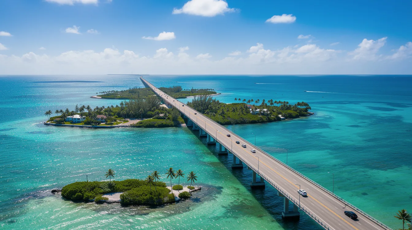 The image shows a long highway bridge extending over vibrant blue ocean waters, connecting various islands in the Florida Keys. This scenic route is a popular choice for travelers looking to explore Key West, with opportunities for finding cheap flights and enjoying the sun-soaked destination.