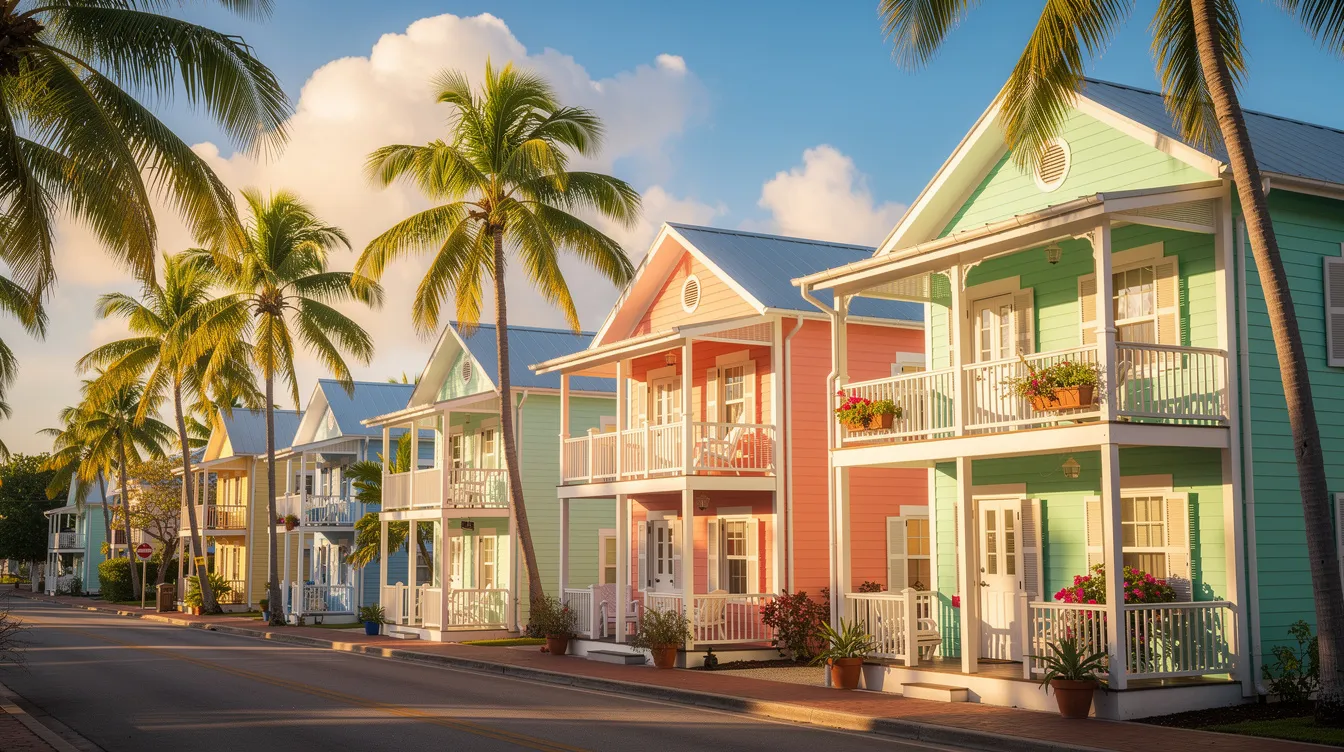The image features a vibrant scene of pastel-painted wooden houses surrounded by lush tropical palm trees, under a bright blue sky, capturing the essence of a warm island town like Key West. This picturesque setting invites travelers to consider booking key west flights for their next trip to this colorful destination.