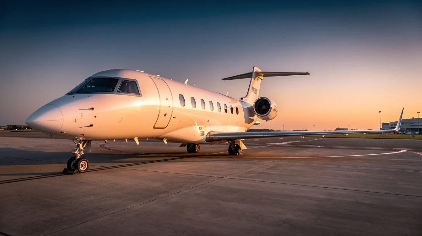 A sleek private jet is parked on an airport tarmac, with a vibrant sunset illuminating the clear sky in the background. This luxurious aircraft is ready for travelers looking for the best airlines to book flights to popular destinations like Key West from Seattle.