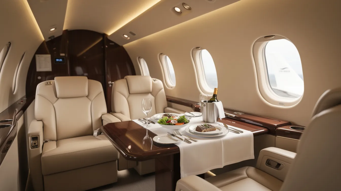 The image depicts the interior of a luxurious private jet cabin, featuring plush leather seats arranged around a small table elegantly set for a meal. This comfortable space is ideal for travelers seeking a premium experience, such as those flying from Seattle to Key West on airlines like American Airlines or United Airlines.