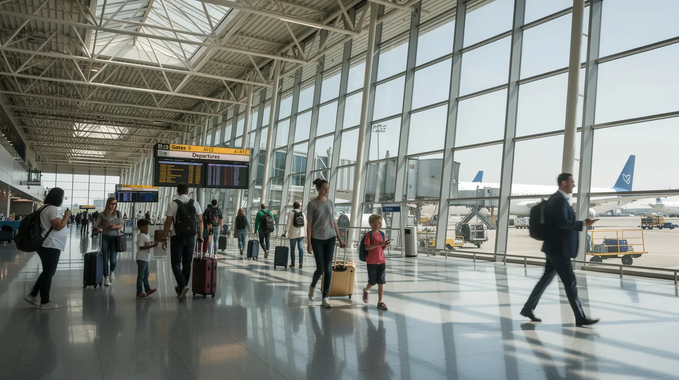 A bustling airport terminal filled with travelers, showcasing large windows that reveal planes on the tarmac, hinting at the excitement of journeys like Seattle to Key West flights. The scene captures the energy of people navigating their travel itineraries amidst the backdrop of various airlines preparing for departure.