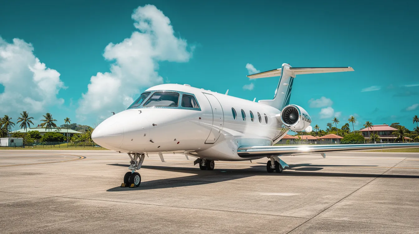 A small private jet is parked on a sunny tarmac at Key West International Airport, with a vibrant tropical sky in the background, perfect for travelers arriving or departing on their trips. The scene captures the essence of a warm day in Key West, ideal for flights to various destinations.