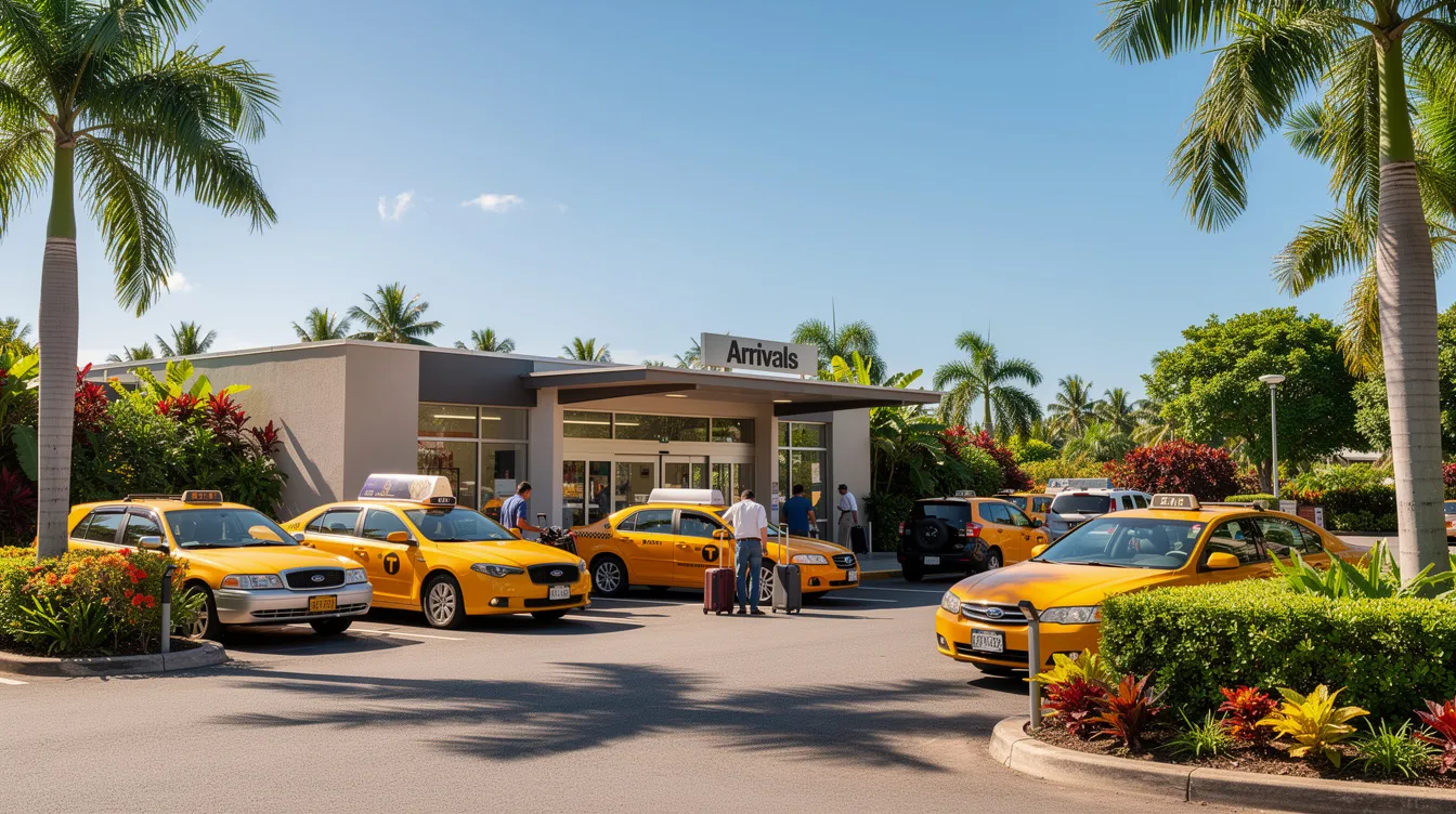 A line of cars and taxis is waiting outside the sunlit terminal of Key West International Airport, surrounded by lush tropical landscaping, as passengers arrive for their flights. The scene captures the vibrant atmosphere of this small airport, where travelers prepare for their trips to destinations like Miami and Chicago.
