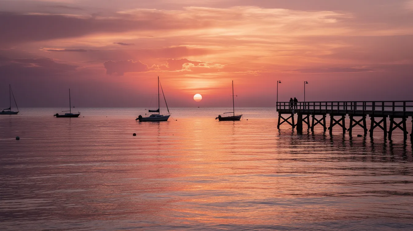 A vibrant sunset paints the sky in shades of orange, pink, and purple over the calm ocean waters, with dark silhouettes of boats and a pier gently outlined against the colorful backdrop. This serene scene captures the essence of Key West, a popular destination for travelers seeking beautiful views and relaxation.