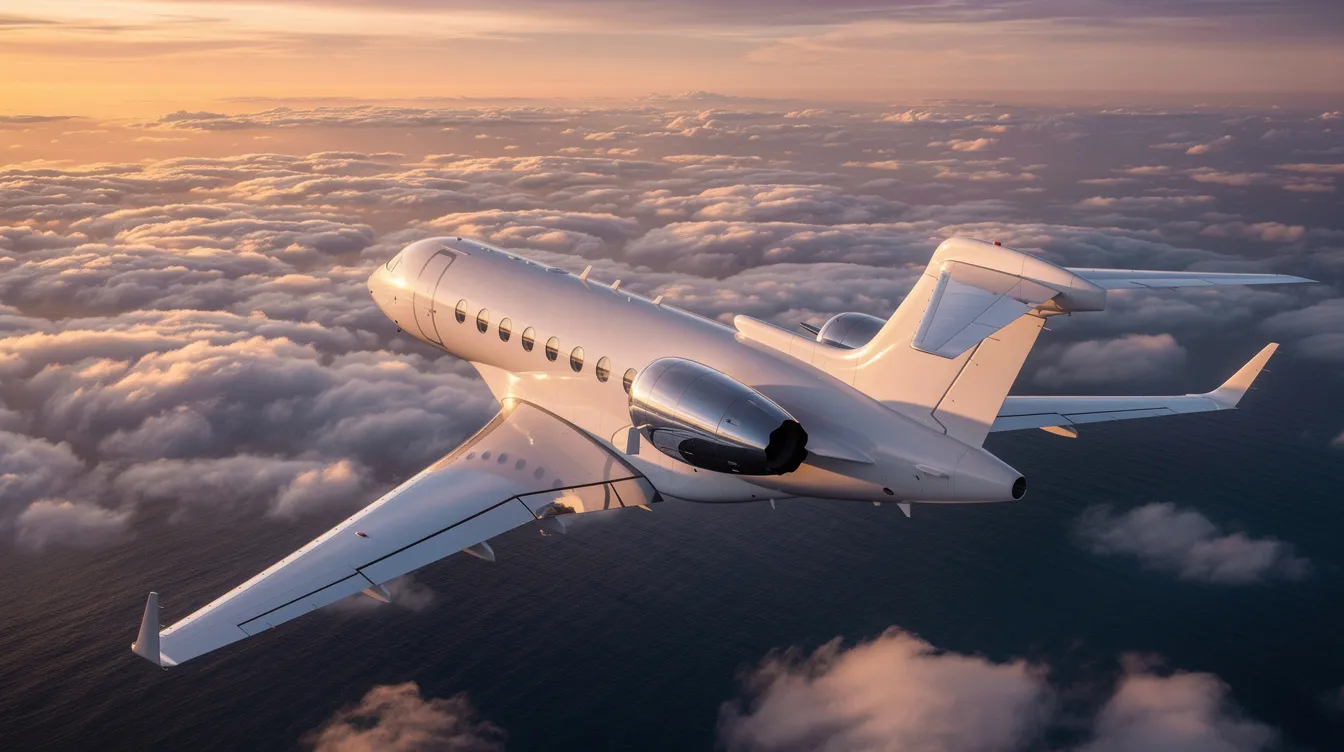 A large private jet soars above fluffy clouds, casting a silhouette against the vibrant hues of a sunset over the ocean. This scene highlights the luxury and convenience of private aviation, showcasing the jet's impressive range and ability to carry passengers comfortably during charter flights.