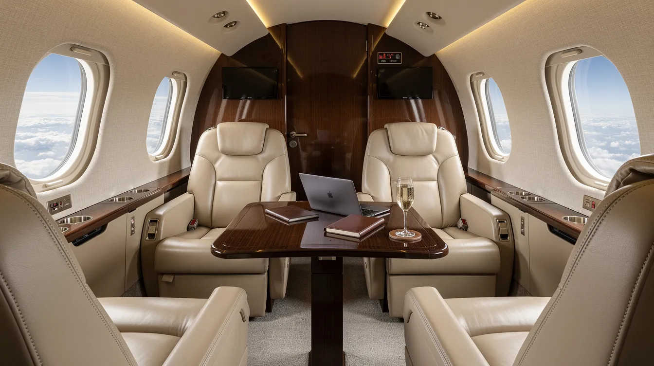 The image shows the interior of a midsize private jet cabin, featuring luxurious leather seats arranged around a work table, suitable for up to eight passengers. This elegant space highlights the convenience and comfort of private aviation, ideal for business or leisure travel.