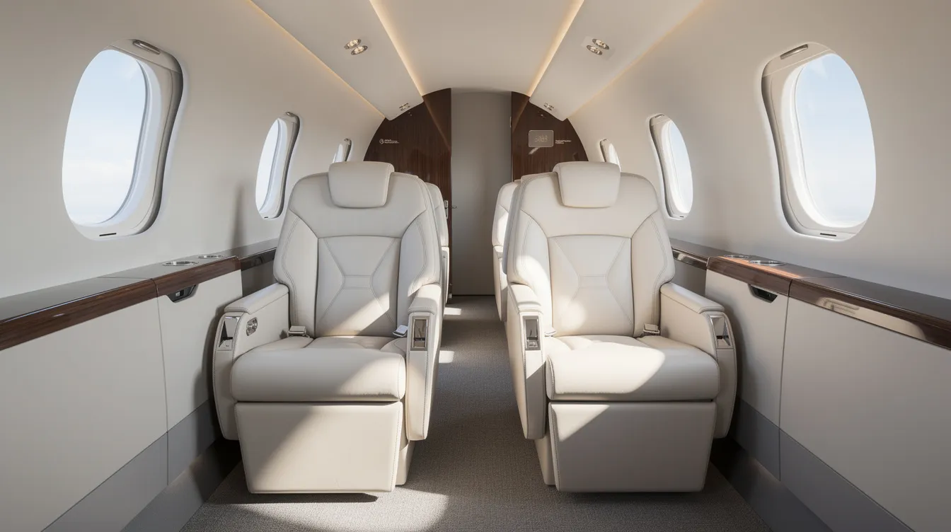 The image depicts the interior of a modern private jet cabin, featuring plush leather seats and ample natural light streaming in through large windows. This luxurious space offers a serene travel experience, ideal for those flying from major airports like Norfolk International Airport or Virginia Beach.
