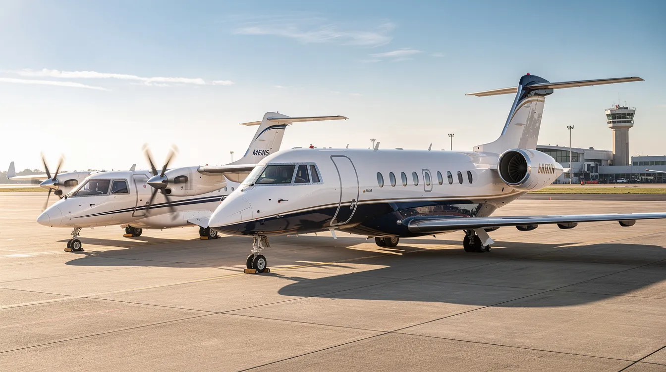 Three different private aircraft are parked on a sunny tarmac, showcasing a turboprop, a midsize jet, and a large cabin jet, all ready for their next cross country flights. The clear sky and bright sunlight highlight the sleek designs and diverse sizes of the planes, emphasizing their capabilities for long cross country flights.