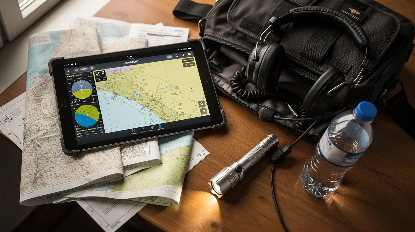 An open pilot's flight bag rests on a table, displaying essential items for cross country flights, including aeronautical charts, a tablet, a headset, a flashlight, and a water bottle, all crucial for planning and executing a successful solo cross country flight.