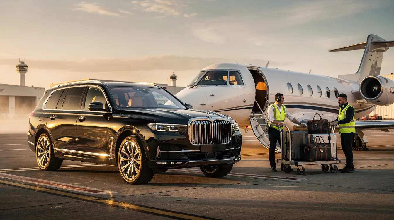A black luxury SUV is parked next to a private jet on the tarmac of Washington Dulles International Airport, where ground crew members are busy loading luggage onto the aircraft. This scene captures the essence of private aviation and the convenience of private jet charter flights.