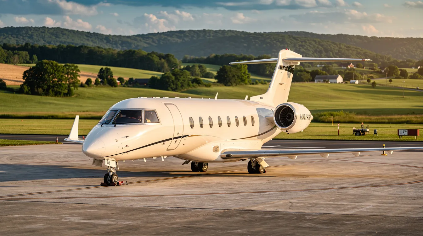 A private jet is parked on the tarmac of a small regional airport, with the lush green Virginia countryside visible in the background, highlighting the serene setting for private jet charter flights in the Washington D.C. area. This image captures the essence of private aviation, showcasing the aircraft's elegance against a picturesque landscape.