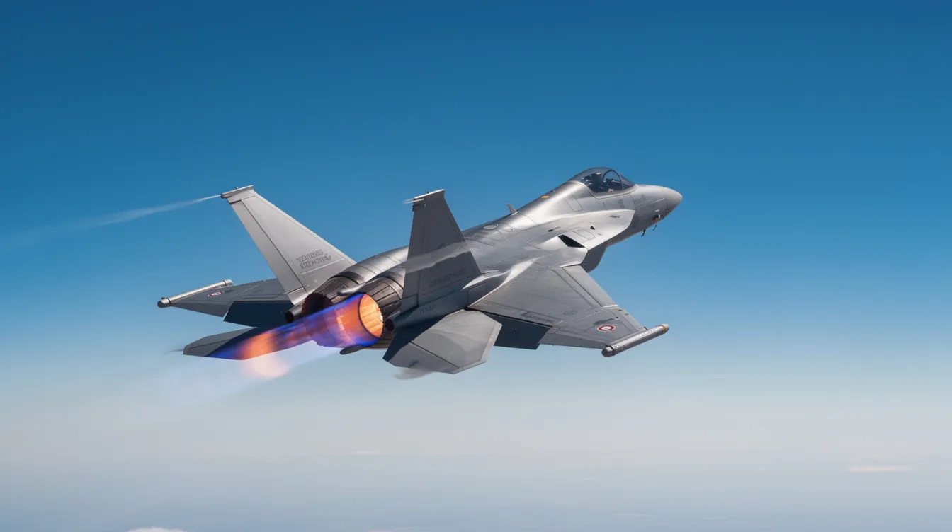 A sleek fighter jet, resembling the F-22 Raptor, banks sharply against a clear blue sky, its afterburners glowing intensely. This advanced military aircraft exemplifies air superiority and the capabilities of modern aviation, showcasing the power and precision of today's expensive military jets.