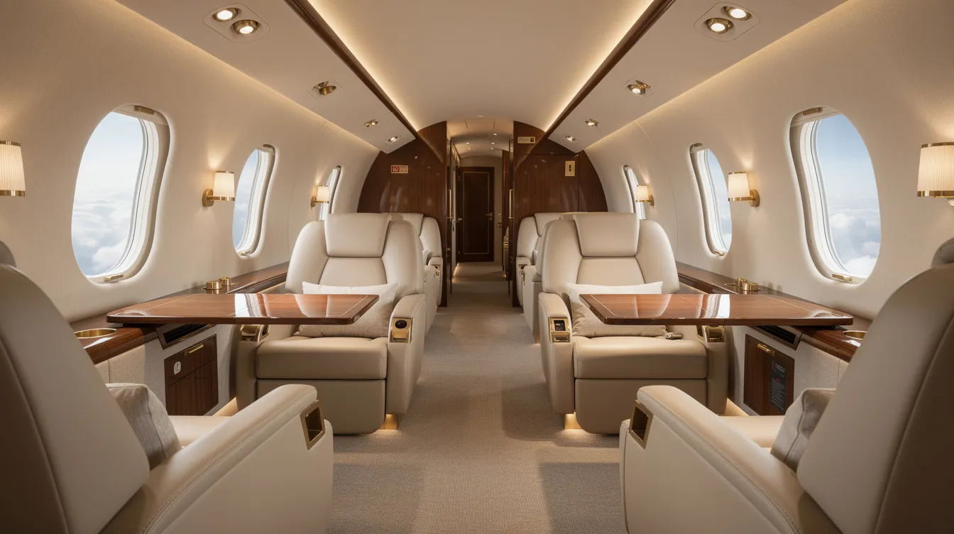 The image depicts the interior of a spacious private jet cabin featuring luxurious leather seats and soft ambient lighting, designed for comfort during air travel. This elegant setting reflects the opulence associated with expensive aircraft, catering to elite passengers seeking a premium flying experience.