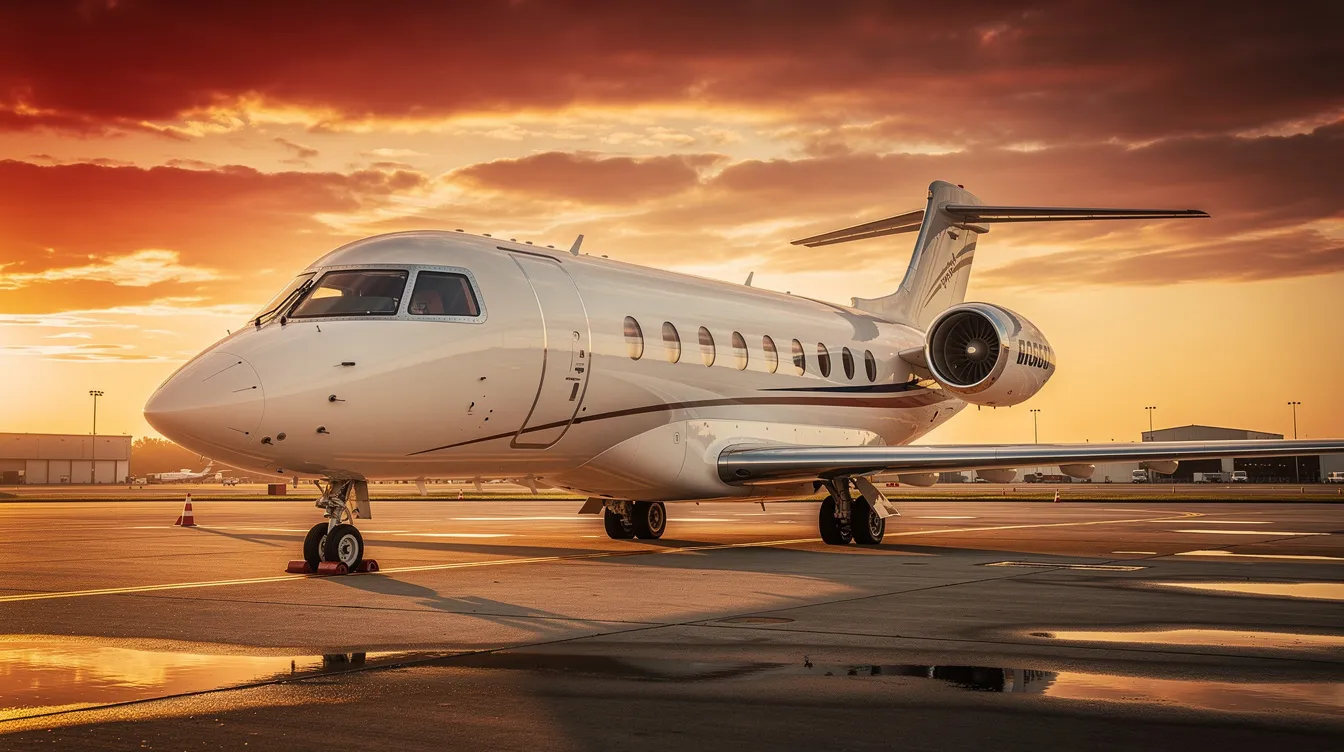 A sleek private jet is parked on an airport tarmac, silhouetted against a stunning sunset with a red and gold sky. This luxurious aircraft, often associated with the aviation industry's elite, reflects the opulence of expensive planes designed for business travel.