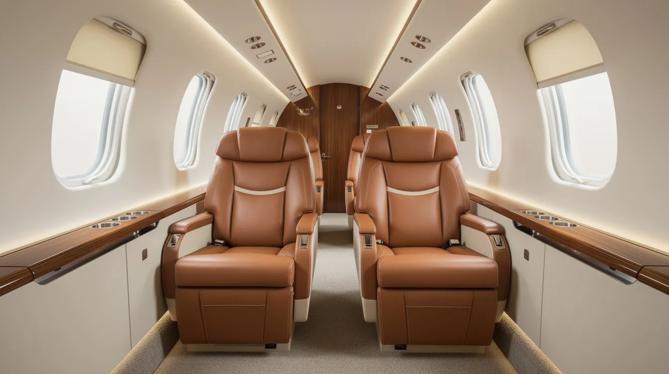 The image features comfortable leather club seats arranged in a midsize private jet cabin, illuminated by soft lighting, creating a luxurious atmosphere ideal for private jet travel. This inviting space highlights the elegance and comfort that comes with private jet charter services, ensuring a personalized travel experience for passengers.