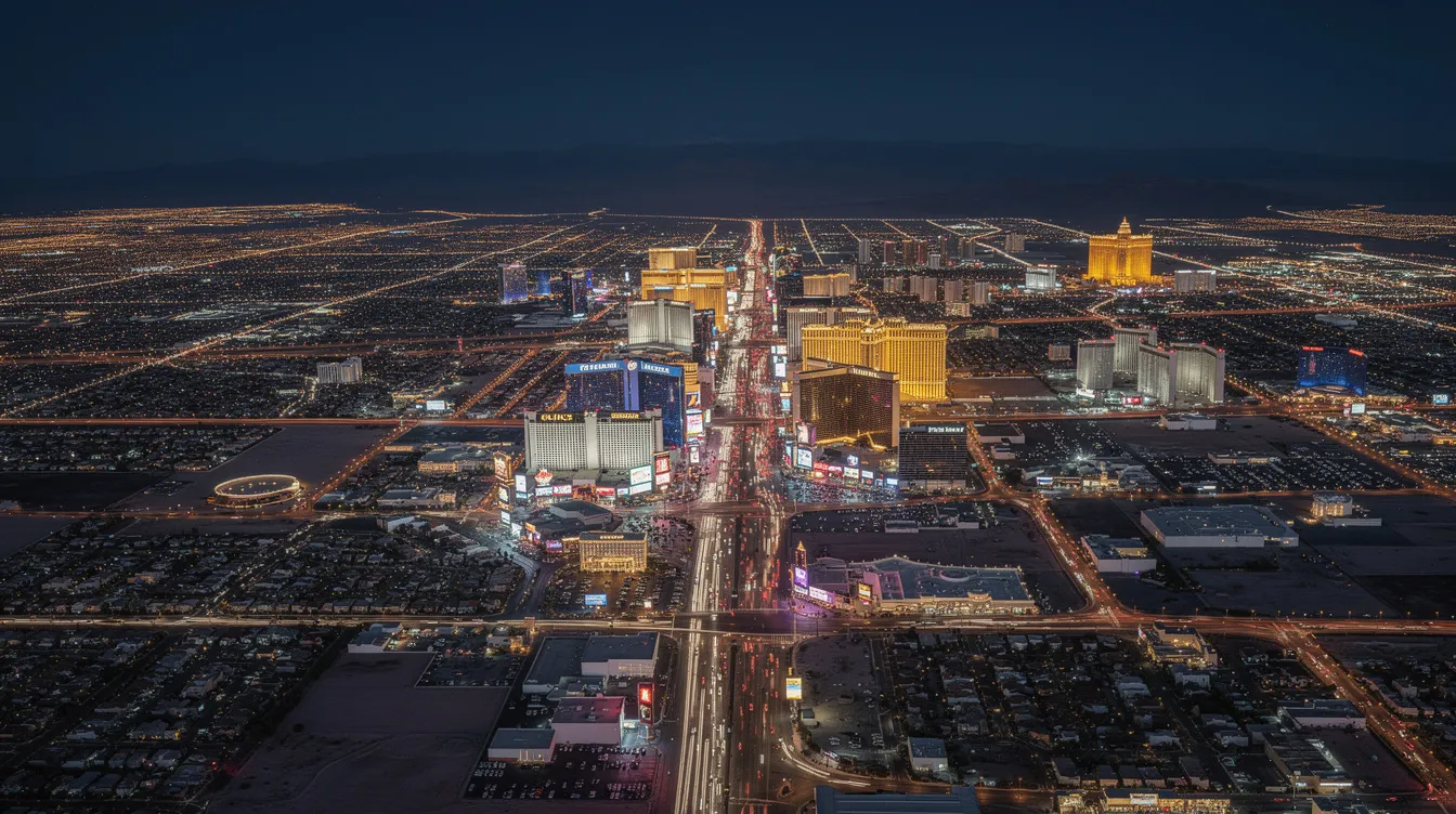 An aerial view of Las Vegas at night showcases the vibrant, illuminated Strip surrounded by the dark expanse of the desert. The dazzling lights of the casinos and hotels highlight the city's allure, making it a prime destination for luxury private jet travel and charter flights.
