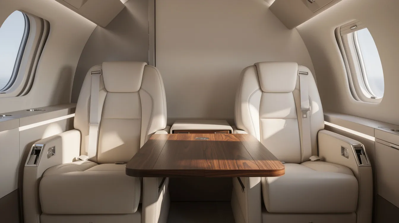 The image showcases the interior of a light jet, featuring luxurious cream leather seats and a polished wooden table, designed for personalized travel experiences. This elegant setting represents the comfort and sophistication associated with private jet travel, making it ideal for both business and leisure trips.