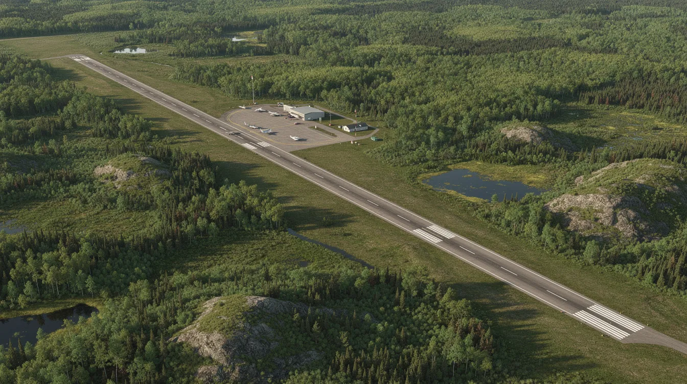 An aerial view showcases a small regional airport runway nestled among the dense green forest of Northern Ontario, highlighting the serene environment where private jets might land and take off, offering travelers exclusive access to private aviation. The surrounding landscape features stunning natural beauty, ideal for those seeking a tranquil escape from commercial flights and crowded terminals.