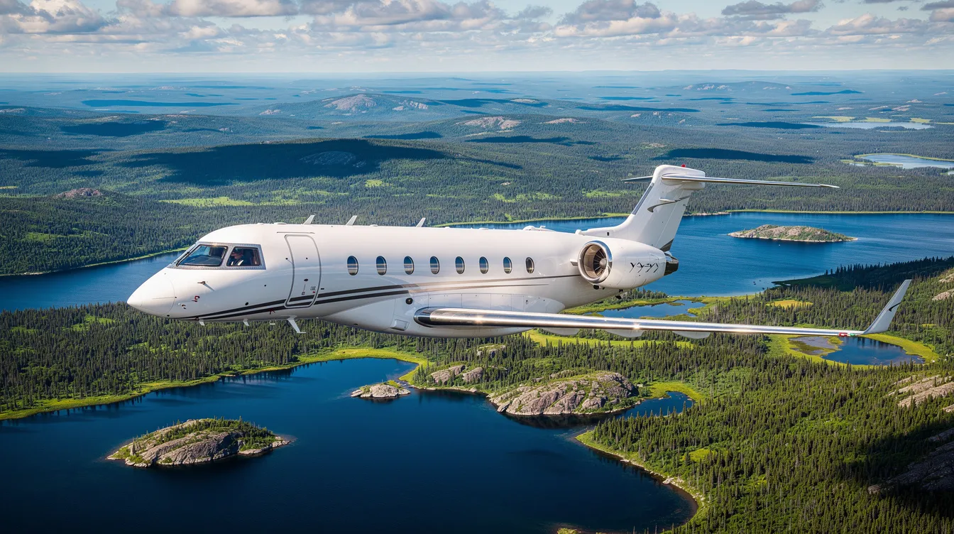 A sleek modern private jet soars high above a stunning Canadian landscape, showcasing vast lakes and lush boreal forests below. This image captures the essence of private aviation, highlighting the freedom and luxury of flying private amidst breathtaking natural beauty.