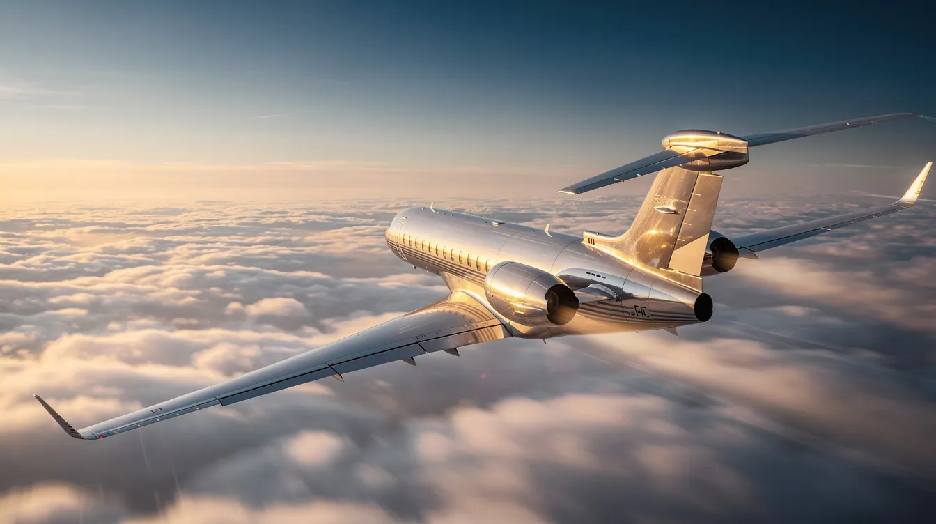 A tri-engine business jet soars gracefully above a blanket of fluffy clouds during the golden hour, showcasing the sleek design of the aircraft as it embraces the warm hues of sunset. This image captures the essence of luxury travel, highlighting the private jet charter experience for discerning passengers.