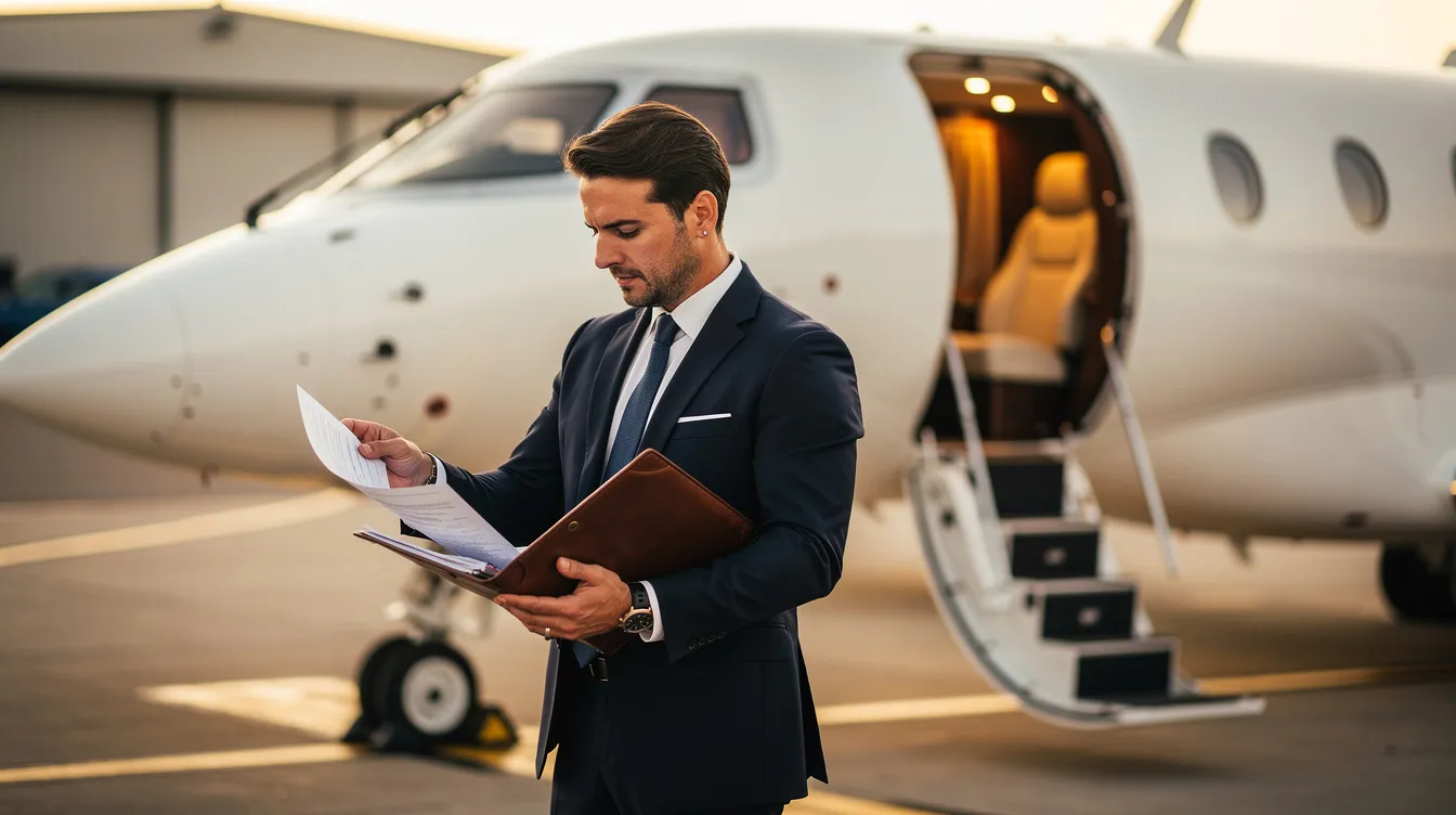 A business professional is reviewing documents next to a private jet with its cabin door open, showcasing the aircraft's luxurious interior. This scene highlights the professionalism and attention to detail associated with private jet charter services, emphasizing the importance of thorough inspections and aircraft management.