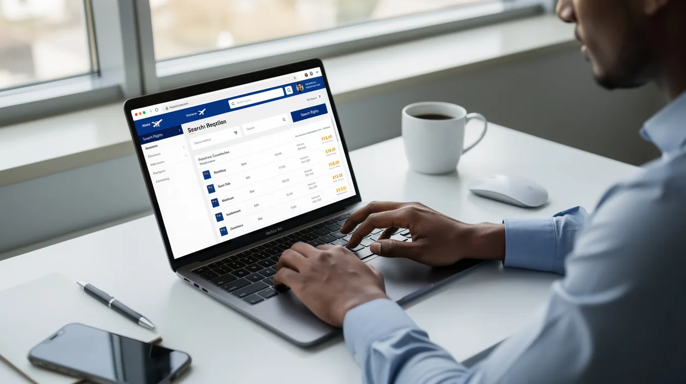 A traveler is seated at a modern office desk, intently browsing flight options on a laptop screen. The scene reflects a focus on private jet charter services, showcasing the convenience and professionalism associated with aircraft management and customer support.