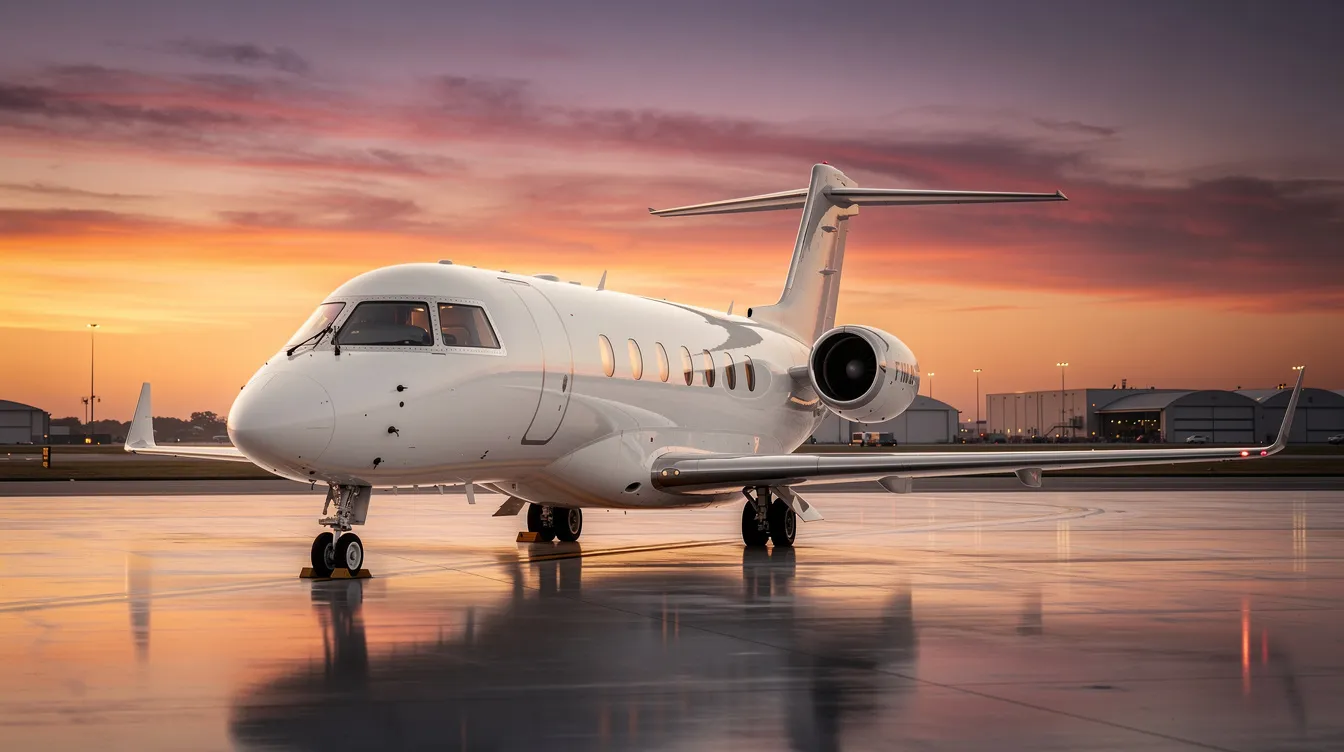A sleek white private jet is parked on a tarmac, set against a vibrant sunset sky that casts warm hues across the scene. This image captures the essence of private jet travel, highlighting the luxurious experience of flying private in style.