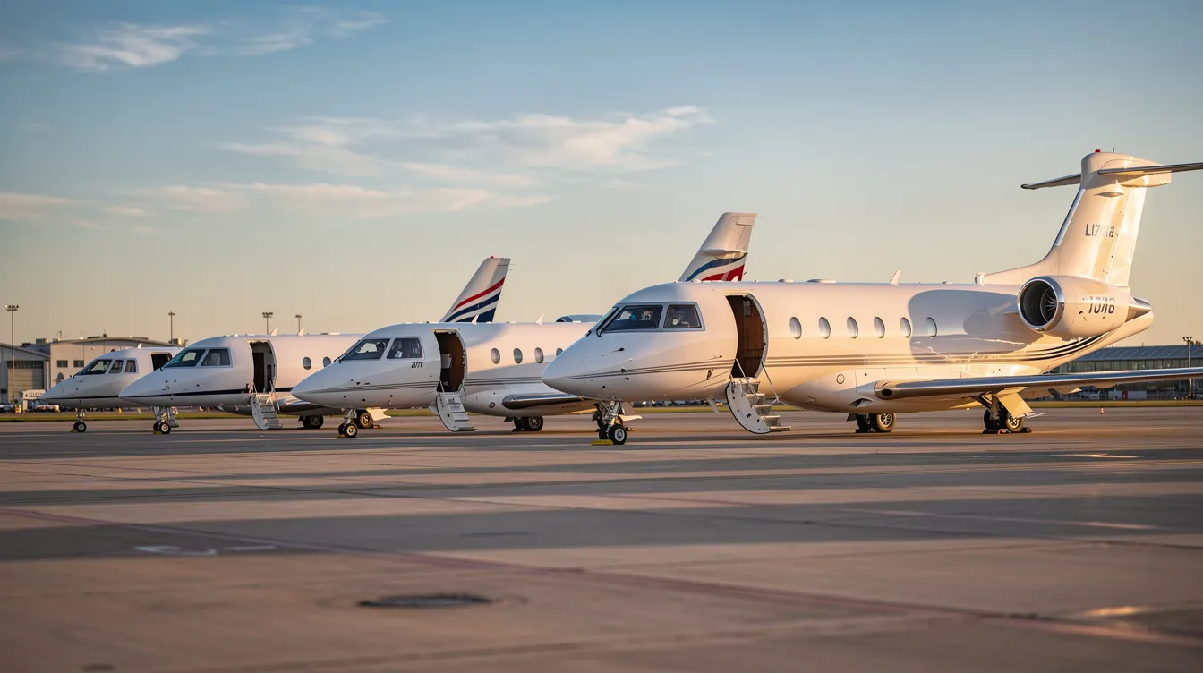 The image shows several different-sized private jets parked side by side on an airport apron, highlighting the diversity of private aviation options available for travelers seeking a luxurious private jet experience. These aircraft represent various private jet flights, ideal for those interested in booking empty leg charter flights or exploring private jet travel for their next journey.