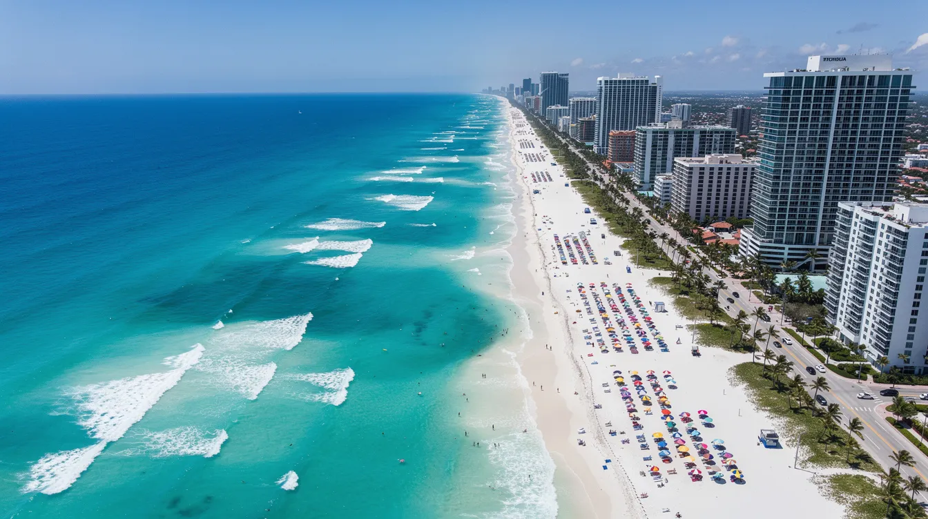 An aerial view showcases the stunning Miami coastline, featuring vibrant turquoise waters and pristine white sand beaches, perfect for travelers seeking a luxurious private jet experience. This picturesque scene highlights the appeal of private aviation, offering a serene escape from the hustle of commercial air travel.