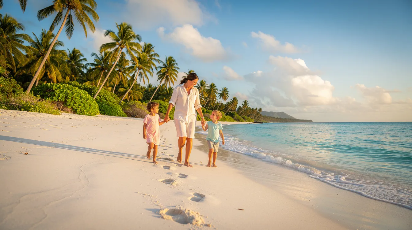 A family strolls along a picturesque white sand beach in Puerto Rico, surrounded by clear turquoise waters and swaying palm trees, creating a serene tropical atmosphere. This scene captures the essence of the rich port city, inviting visitors to enjoy the beauty of the island's coastline.
