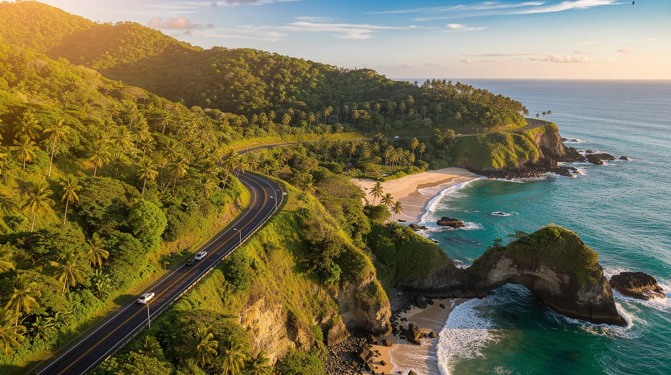 The image depicts a winding coastal highway that meanders through lush tropical green hills, with the sparkling ocean visible alongside. This scenic route offers a glimpse of the natural beauty found in Puerto Rico, particularly along the west coast near major cities like San Juan and Ponce.
