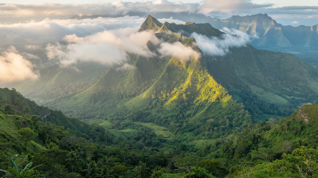 The image depicts a lush green mountain range with clouds gracefully rolling over the peaks, set in a vibrant tropical landscape. This serene scene captures the natural beauty often found in places like El Yunque in Puerto Rico, highlighting the rich flora of the island.