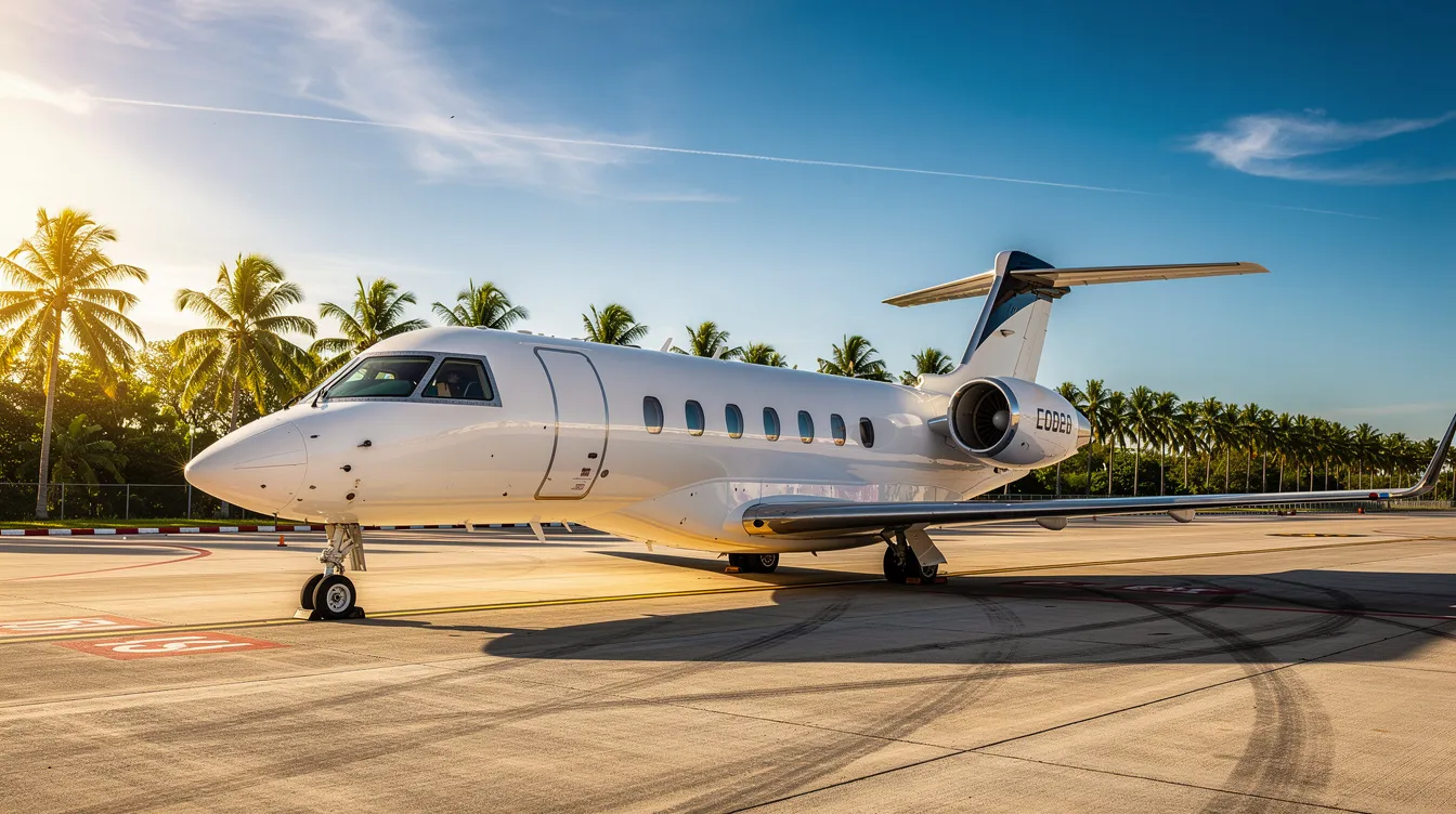A private jet is parked on a tarmac, surrounded by palm trees under a clear blue sky, suggesting a luxurious travel experience in the rich port city of San Juan, Puerto Rico. The scene evokes a sense of exclusivity and relaxation, typical of this vibrant capital city and its tropical environment.