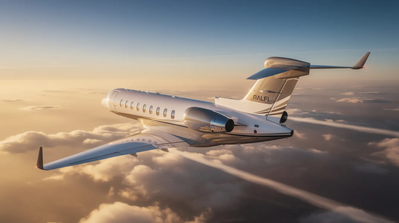 The image depicts a sleek private jet preparing for takeoff on a runway, with a focus on the visibility and runway visual range (RVR) measurements that are crucial for pilots during landing and takeoff. The scene captures the aircraft positioned at the midpoint of the runway, showcasing the importance of RVR values in ensuring safe operations at airports.