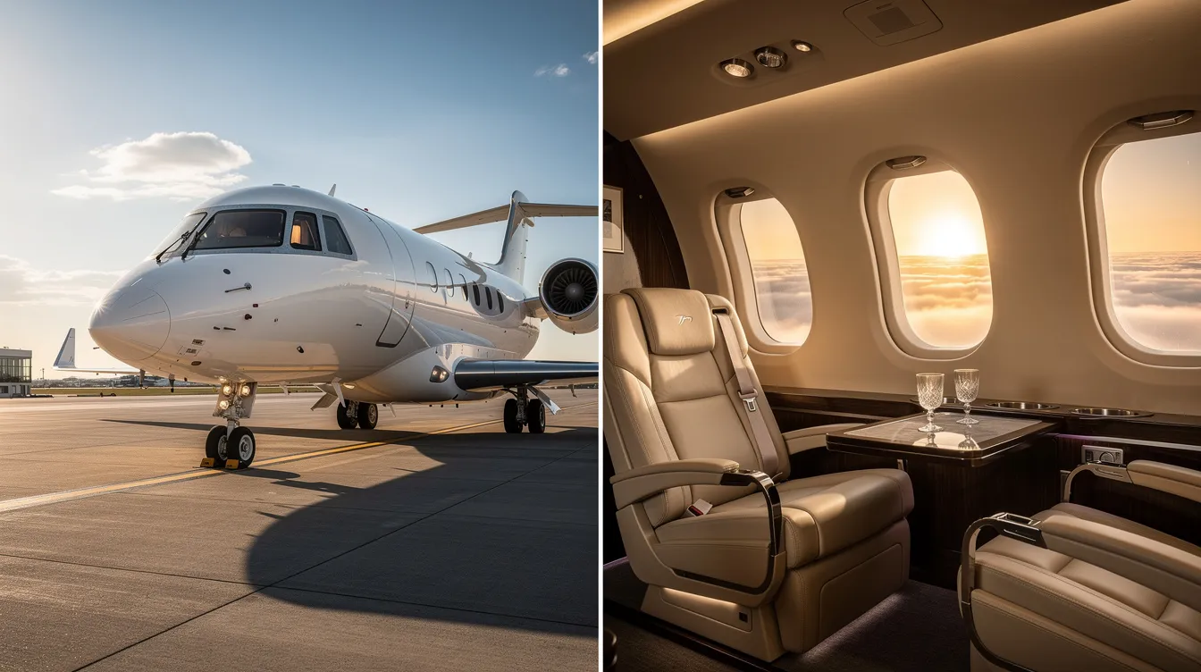 The image depicts a sleek private jet parked on a runway, surrounded by clear skies, showcasing the aircraft's elegant design. This scene emphasizes the importance of runway visual range (RVR) values for pilots during approach and landing at airports.