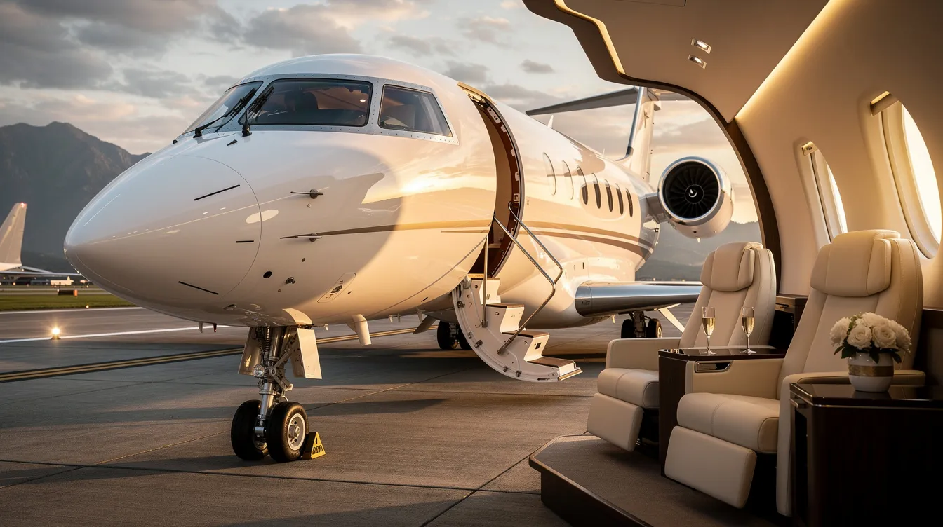 The image depicts a sleek private jet preparing for takeoff on a runway, with a focus on the visibility and runway visual range (RVR) measurements that are crucial for pilots during landing and takeoff. The scene captures the aircraft positioned at the midpoint of the runway, showcasing the importance of RVR values in ensuring safe operations at airports.