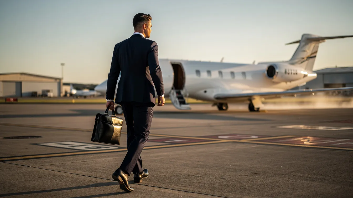 A business professional confidently walks toward a small Cessna Citation II private jet on the ramp of a regional airport, showcasing the aircraft's sleek design and potential for performance. The scene captures the essence of luxury travel, with the jet likely equipped with recent interior refurbishments and additional equipment for an optimal flying experience.