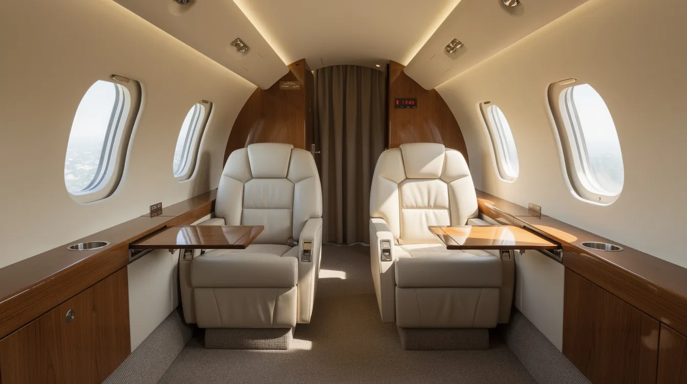 The image depicts the interior of a small private jet, showcasing cream leather club seating complemented by wood-tone accents, creating an elegant and comfortable atmosphere. This Cessna Citation II features a refreshment center and highlights its recent interior refurbishment, making it an attractive option for those interested in private jets for sale.