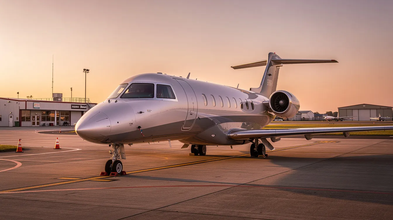 A light business jet, specifically a Cessna Citation II, is parked on the tarmac of a regional airport during the golden hour, showcasing its sleek design and polished exterior. The scene captures the essence of private jets, highlighting the aircraft's potential for performance and comfort, making it an attractive option for those interested in purchasing or flying this model.