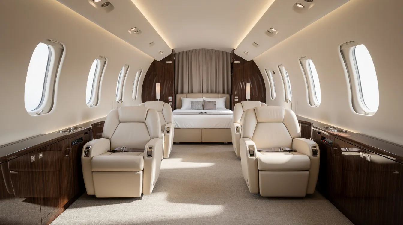 The image depicts the spacious interior of a large cabin private jet, featuring cream leather seats, elegant wood accents, and a comfortable divan bed located in the rear cabin. This luxurious space offers multiple seating areas and is designed for family travel, making it an ideal choice for your next family vacation with modern amenities and unparalleled comfort.