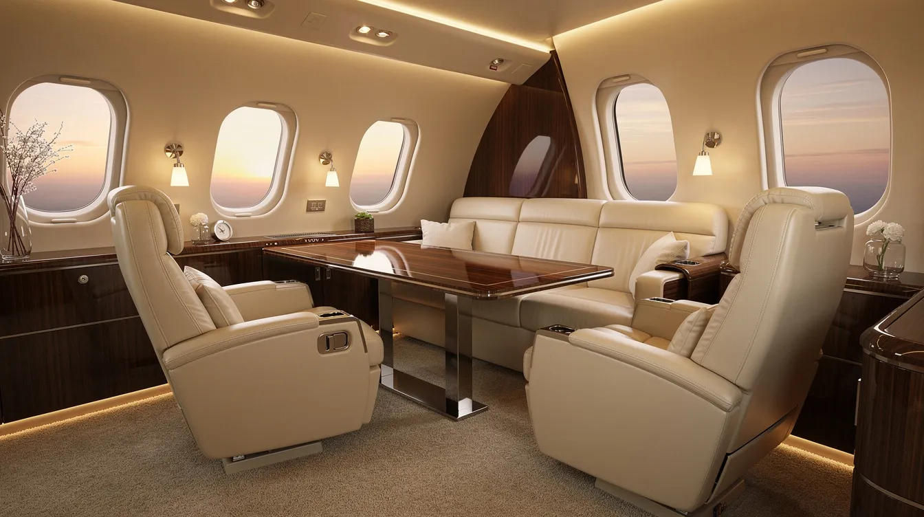 The image depicts the luxurious interior of a private jet cabin, featuring cream leather club seats arranged around a table, complemented by a comfortable sofa along the back wall, all illuminated by warm cabin lighting. This spacious cabin is ideal for family travel, providing a cozy and inviting atmosphere for private jet travel.