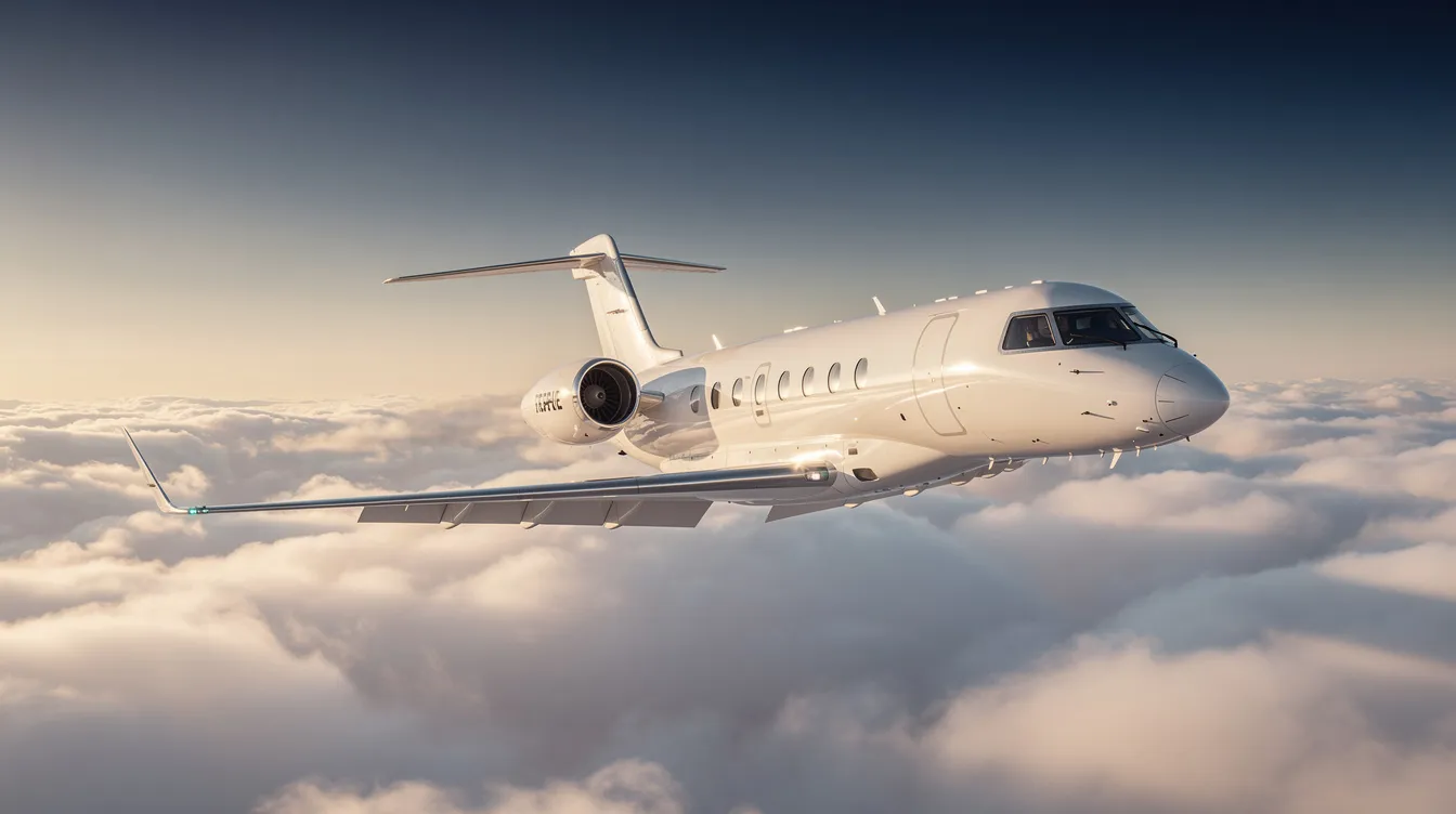 A sleek white midsize private jet is soaring above fluffy clouds, with sunlight glinting off its fuselage, showcasing the elegance of private air travel. This image captures the essence of flying private, ideal for family vacations and offering unparalleled luxury in the skies.