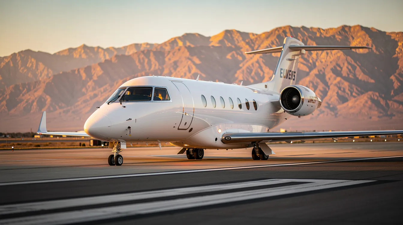 A sleek private jet is taxiing on a runway during golden hour, with stunning mountains in the background. The scene captures the elegance of aircraft travel, emphasizing the commitment to quality and maintenance associated with authorized service centers like Arrow Aviation.