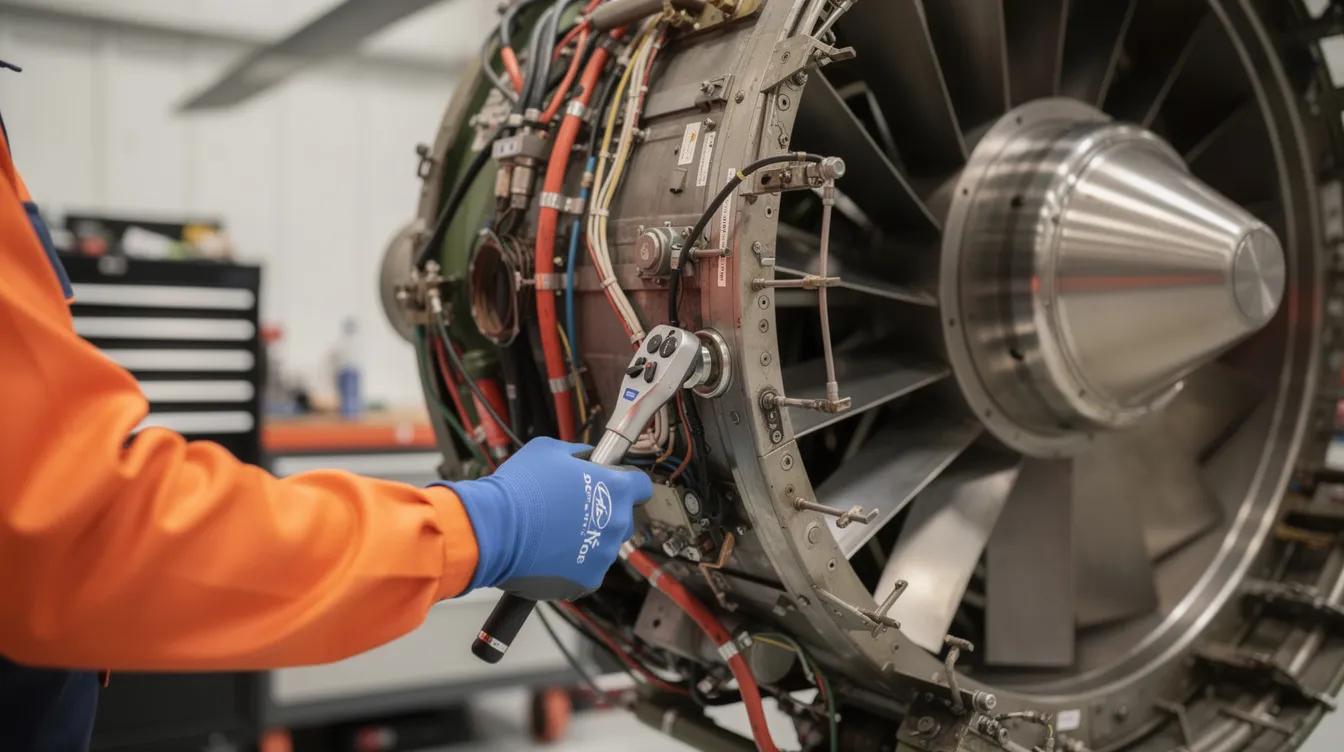 A technician wearing safety gloves is inspecting a turbine helicopter engine in a close-up view, highlighting the intricate details and components involved in the maintenance and repairs at an authorized service center. This image reflects the commitment to quality service and thorough inspections for various aircraft, including Sikorsky helicopters and others.