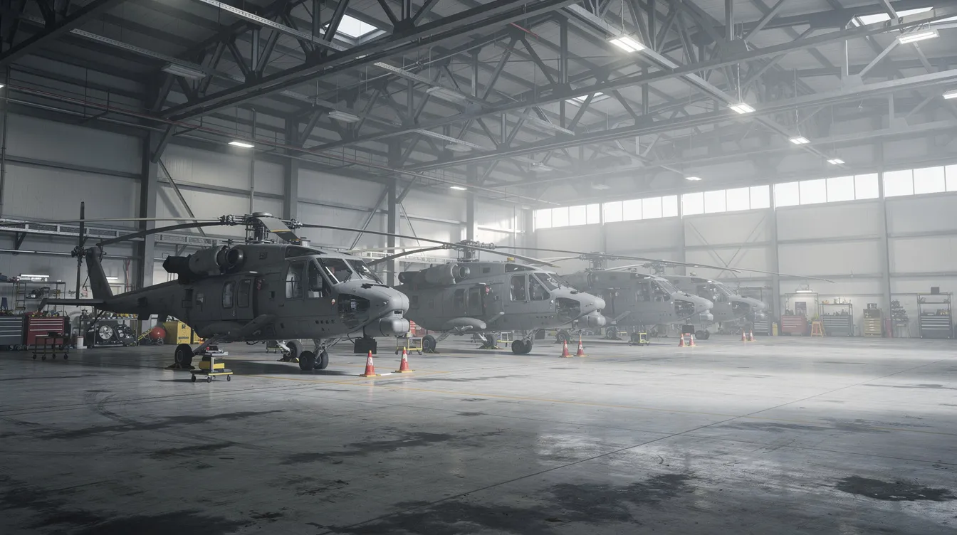 A row of Sikorsky helicopters is parked inside a large industrial hangar, illuminated by overhead lighting. This authorized service center in Louisiana showcases its commitment to maintenance and structural repairs, offering services for various types of aircraft, including inspections and component overhauls.